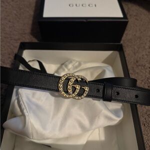 Gucci Marmont GG Pearl Black Leather Belt with Gold Buckle